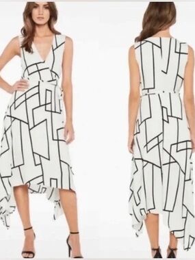 Bardot White Geometric High-Low Dress with Black Lines size 8/M